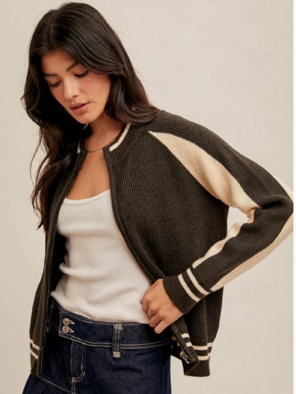 Hem & Thread Knit Varsity Style Zip Up Cardigan Sweater - Charcoal & Cream